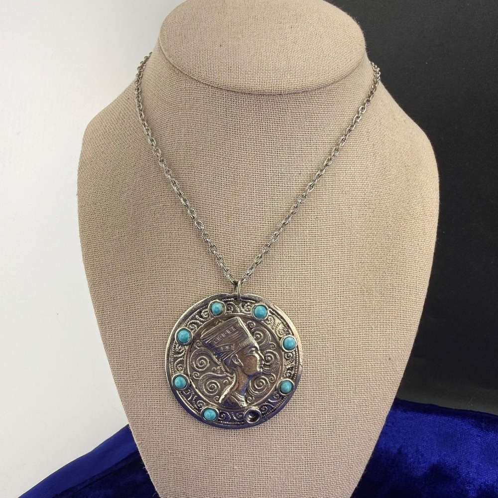 Vintage Egyptian Revival Necklace Silver Tone READ 24" - Picture 2 of 8